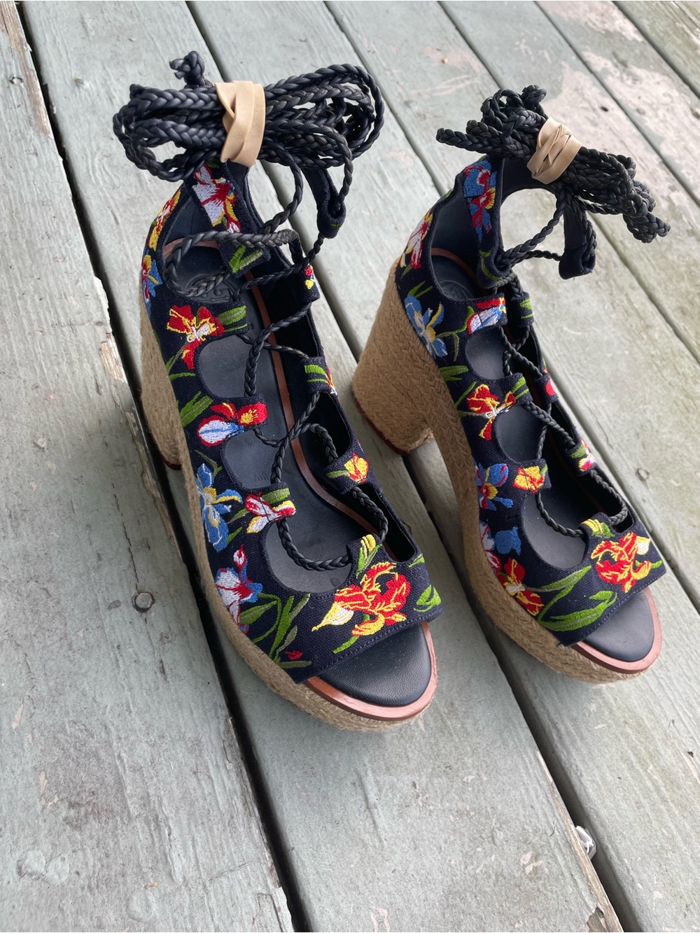 TORY BURCH POSITANO FLORAL LACE UP PLATFORM ESPADRILLE SANDALS 8.5 - Picture 3 of 14
